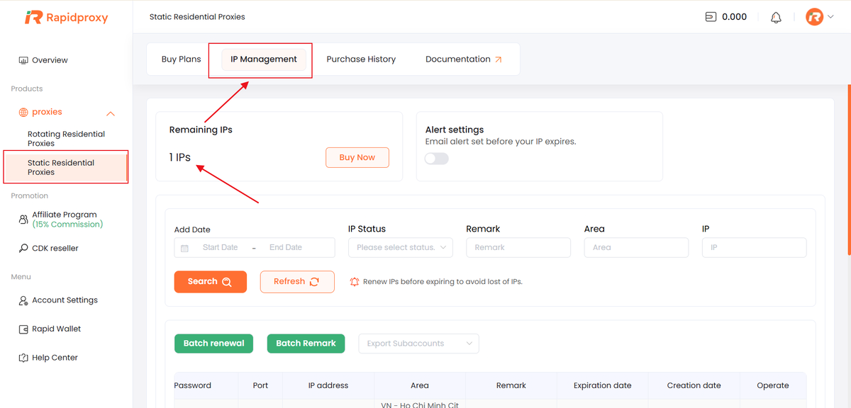 static residential proxies in rapidproxy dashboard