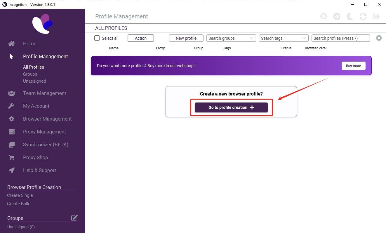 Incogniton dashboard new profile creation