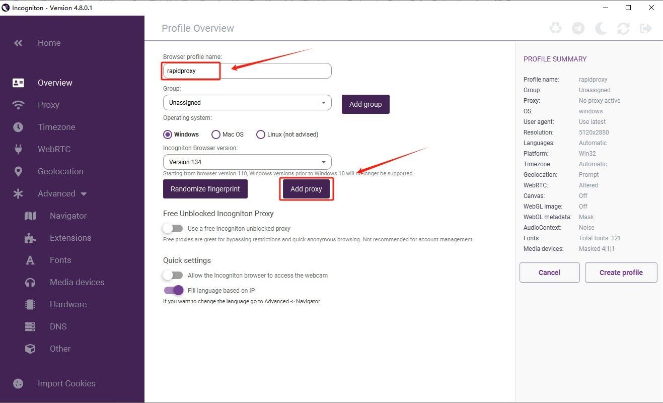 profile overview in incogniton dashboard