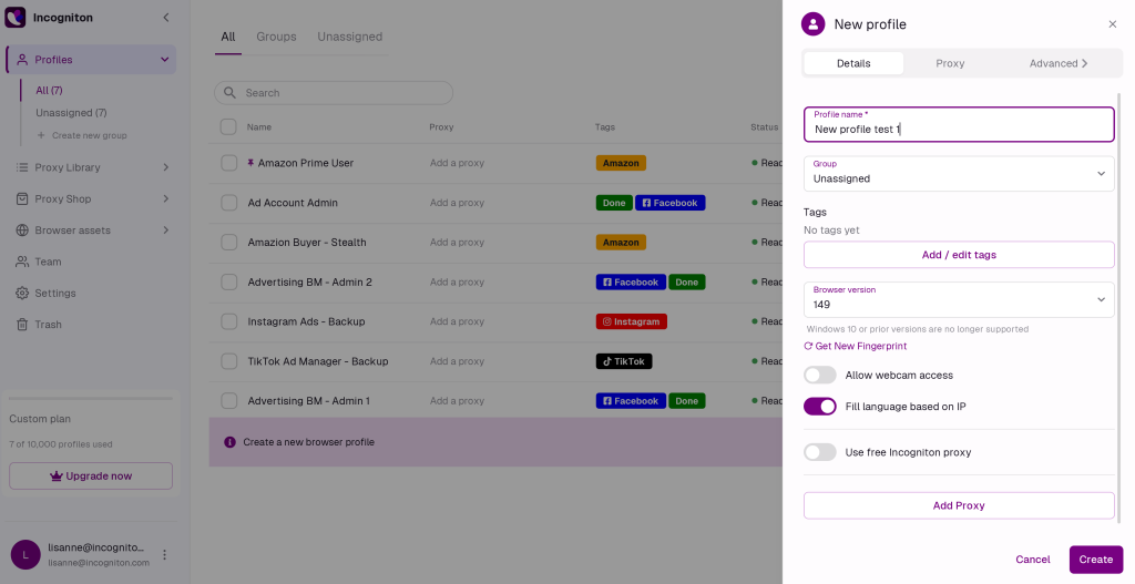 incogniton dashboard creating a new browser profile and entering profile details