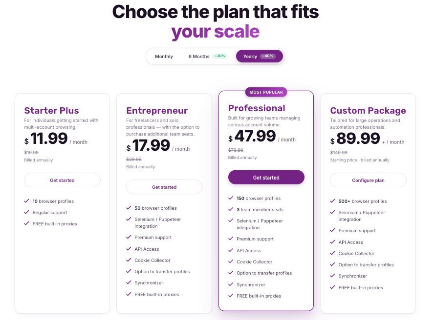 incogniton pricing table with starter plus, entrepreneur, professional and custom package