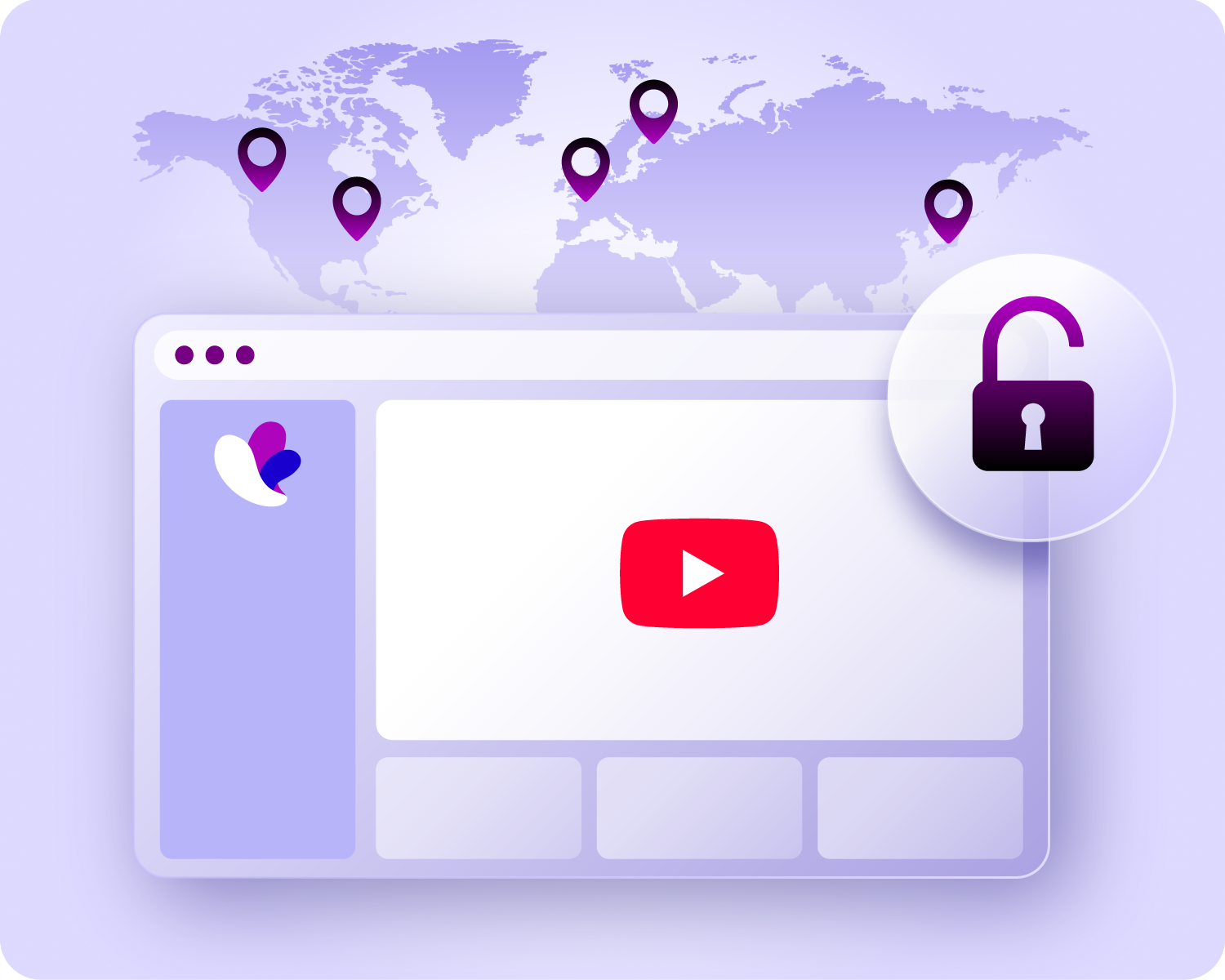 Browser window displaying a YouTube video player and an unlocked padlock icon, with a world map and location pins in the background.