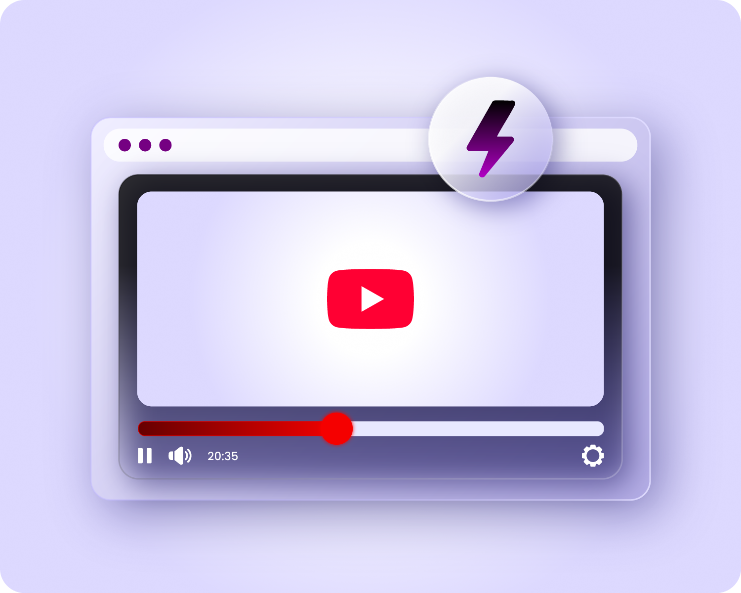 A stylized browser window displaying a YouTube video player with a play button, progress bar, and playback controls.