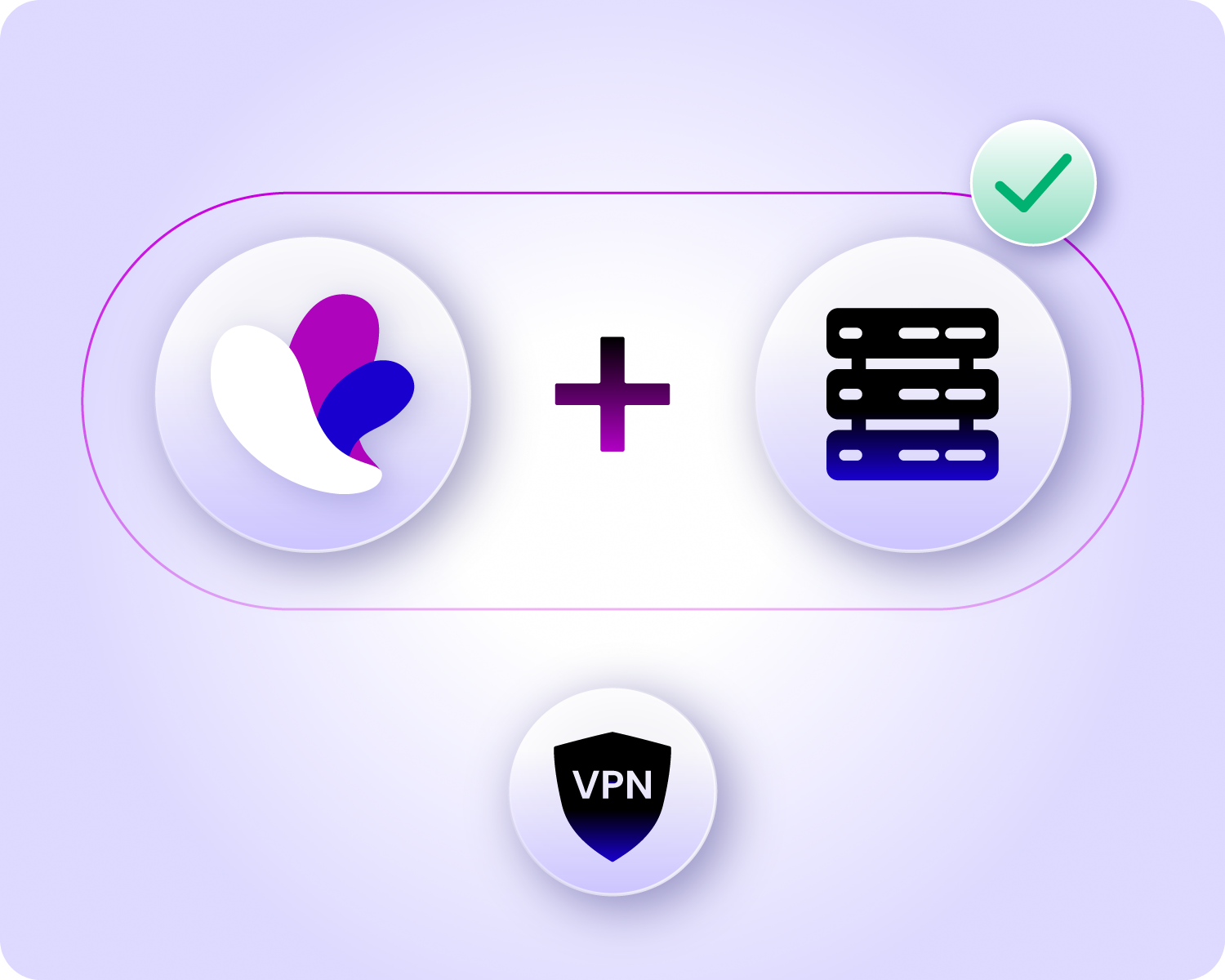 Illustration of three icons in circles: a colorful abstract shape, a plus sign, and a stack of servers. A shield icon with "VPN" inside is below. A green checkmark is in a circle above the server icon.