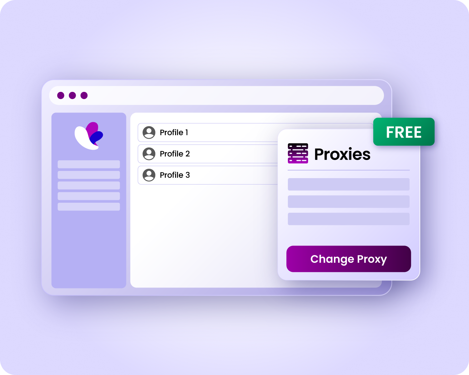 Incogniton browser interface showing a list of profiles and a proxy management window labeled "FREE".