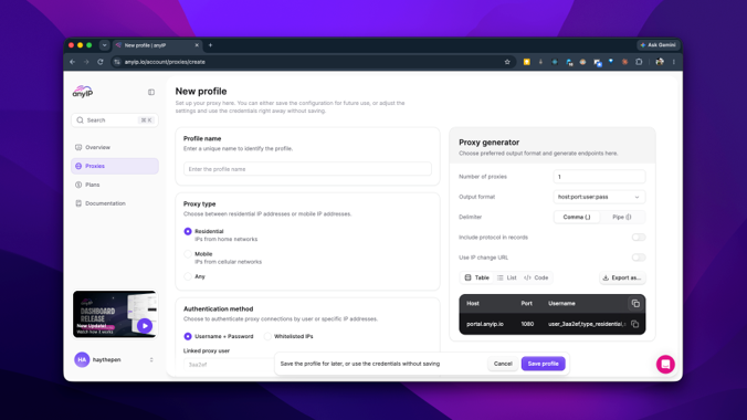 anyIP browser interface for creating a new proxy profile, with fields for profile name, proxy type, authentication method, and proxy generator settings.