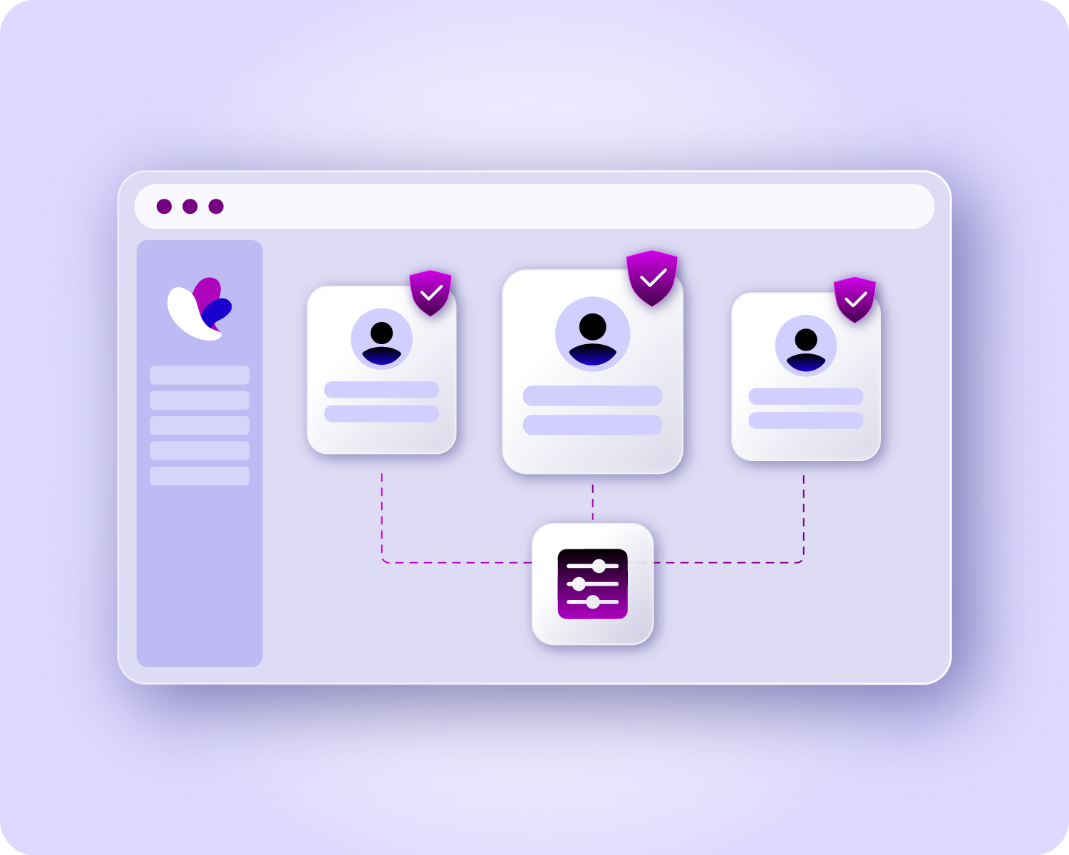 Incogniton application interface displaying three user profile cards, each with a shield icon, connected by dashed lines to a settings icon.