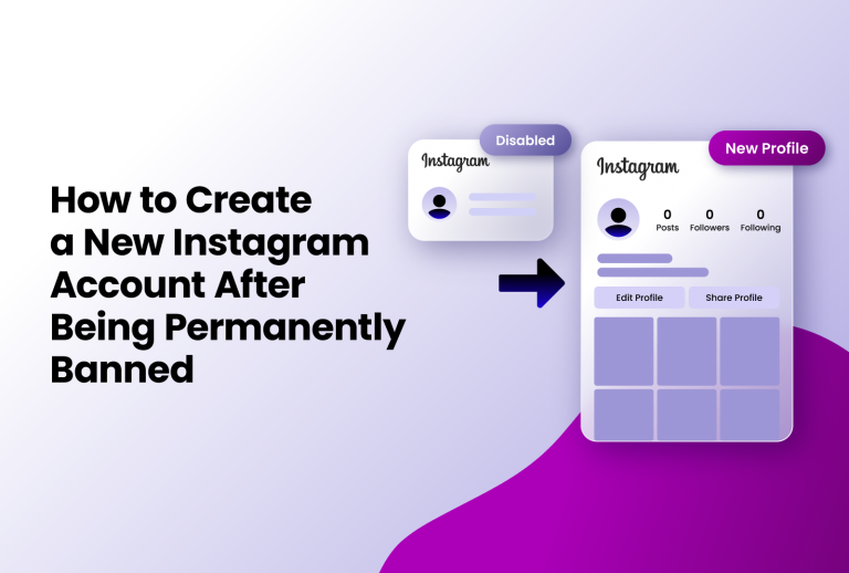 Illustration showing a disabled Instagram profile transitioning to a new profile with the text "How to Create a New Instagram Account After Being Permanently Banned".