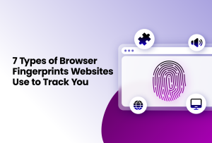 7 Types of Browser Fingerprints Websites Use to Track You with a fingerprint graphic and icons for a puzzle piece, speaker, globe, and computer.