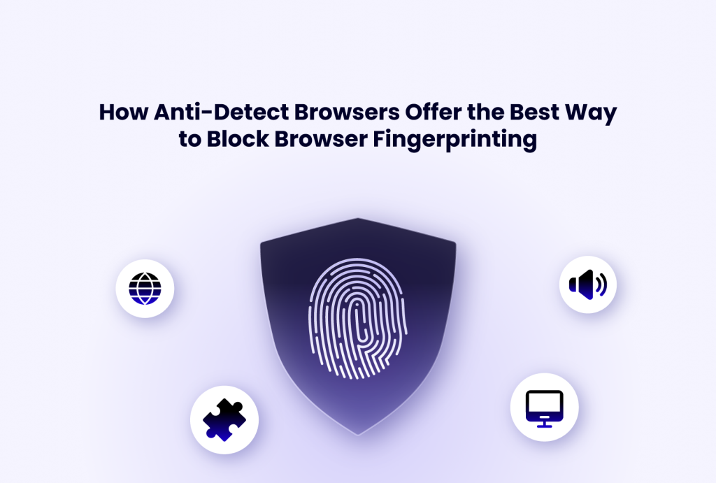 How Anti-Detect Browsers Offer the Best Way to Block Browser Fingerprinting with icons of a globe, puzzle piece, speaker, and computer monitor surrounding a shield with a fingerprint.