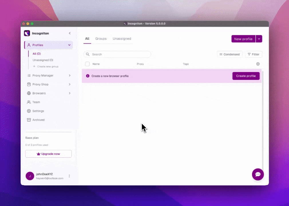 Incogniton application interface showing a list of profiles, with a prompt to create a new browser profile.