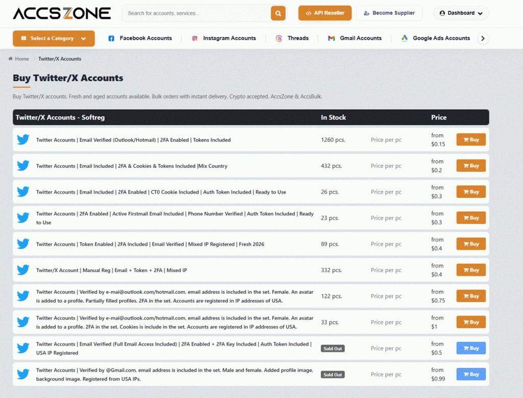 AccsZone website showing a list of Twitter/X accounts for sale, categorized by features like email verification, 2FA, and IP registration.