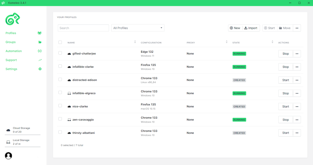 Kameleo 3.4.1 interface showing a list of browser profiles with their names, configurations, proxy status, and running state.