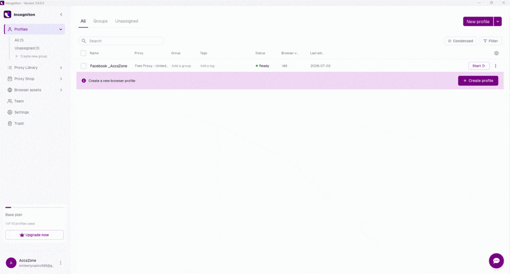 Incogniton application interface showing a list of browser profiles, with one profile named "Facebook_AccsZone" already created and ready.