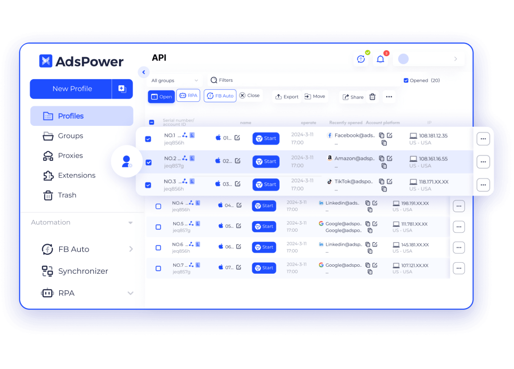 AdsPower application interface showing a list of browser profiles with options to open, start, and manage them.