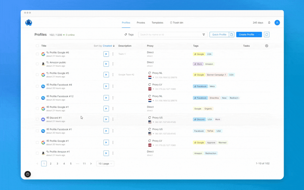 Incogniton application interface showing a list of browser profiles with details like title, description, proxy, and tags.