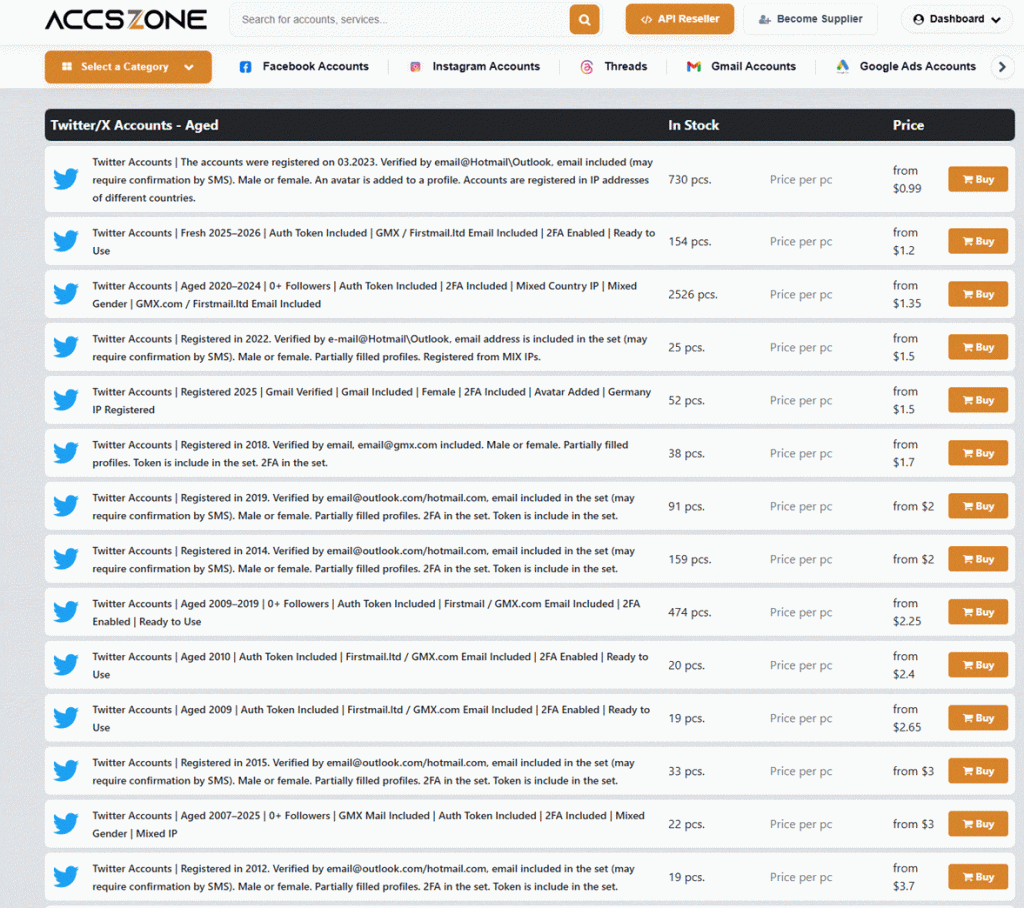 Twitter/X accounts listed with registration date, verification details, included features, stock quantity, and price.