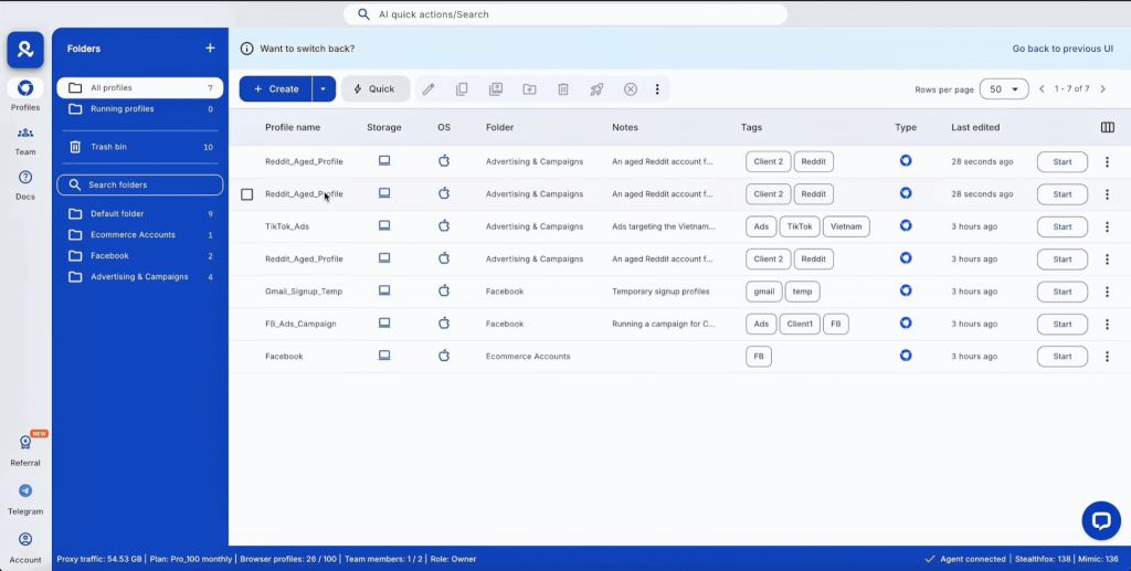 Incogniton application interface showing a list of browser profiles with columns for profile name, storage, OS, folder, notes, tags, type, and last edited.