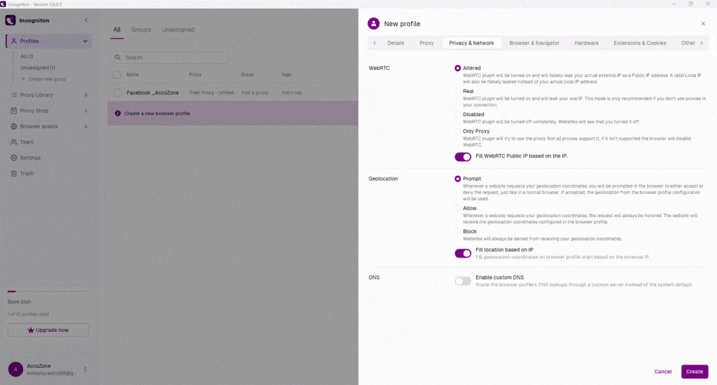 Incogniton application showing a new profile creation screen with options for WebRTC, Geolocation, and DNS settings.