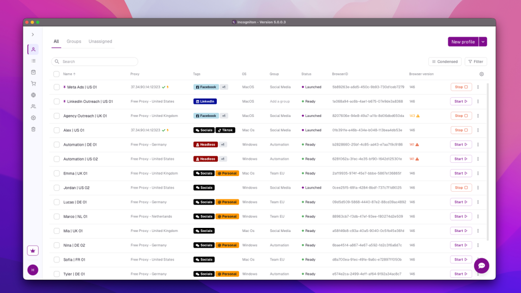 Incogniton application interface showing a list of browser profiles with names, proxies, tags, OS, group, status, browser ID, and browser version.
