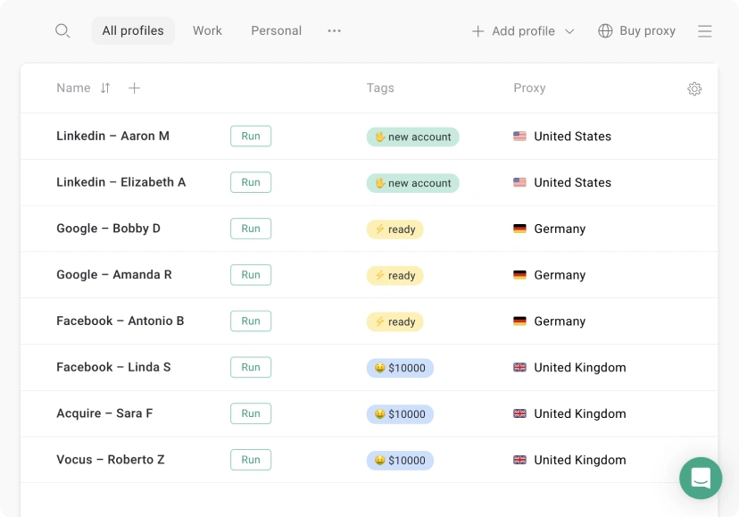 Incogniton application interface showing a list of browser profiles with names, run buttons, tags, and proxy locations.