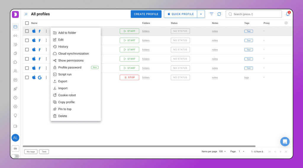Incogniton antidetect browser interface showing a list of browser profiles with options to create, edit, and manage them.