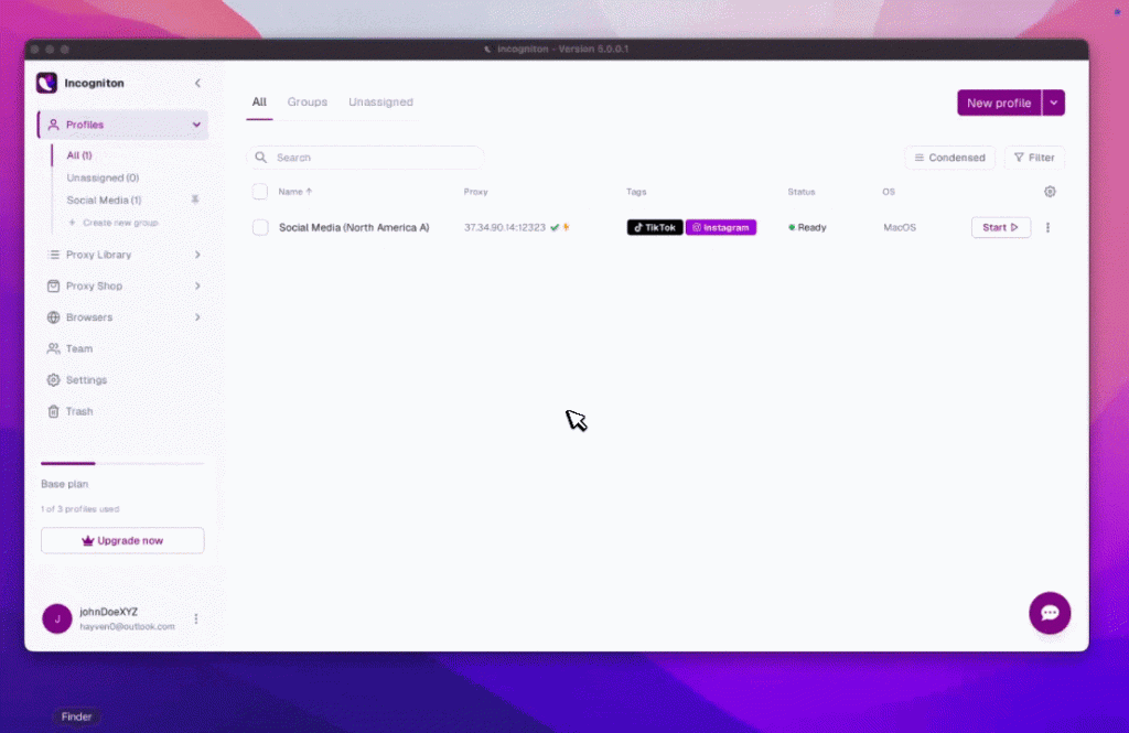 Incogniton application interface showing a list of browser profiles, with one profile named "Social Media (North America A)" tagged with TikTok and Instagram.