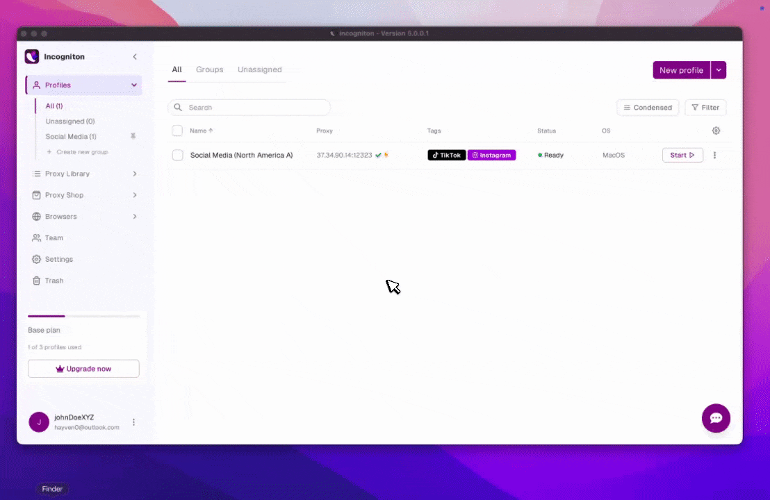 Incogniton application interface showing a list of browser profiles, with one profile named "Social Media (North America A)" tagged with TikTok and Instagram.