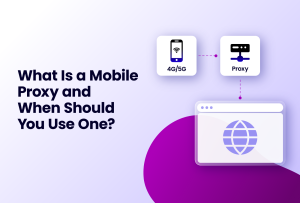 Illustration with text "What Is a Mobile Proxy and When Should You Use One?" next to icons of a smartphone labeled 4G/5G and a server labeled Proxy, connected by dashed lines to a browser window with a globe icon.