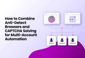 Illustration showing two browser windows at the top, one with a fingerprint icon and the other with a grid of checkmarks, connected by dashed lines to three smaller windows below labeled Account 1, Account 2, and Account 3. The text on the left reads "How to Combine Anti-Detect Browsers and CAPTCHA Solving for Multi-Account Automation".