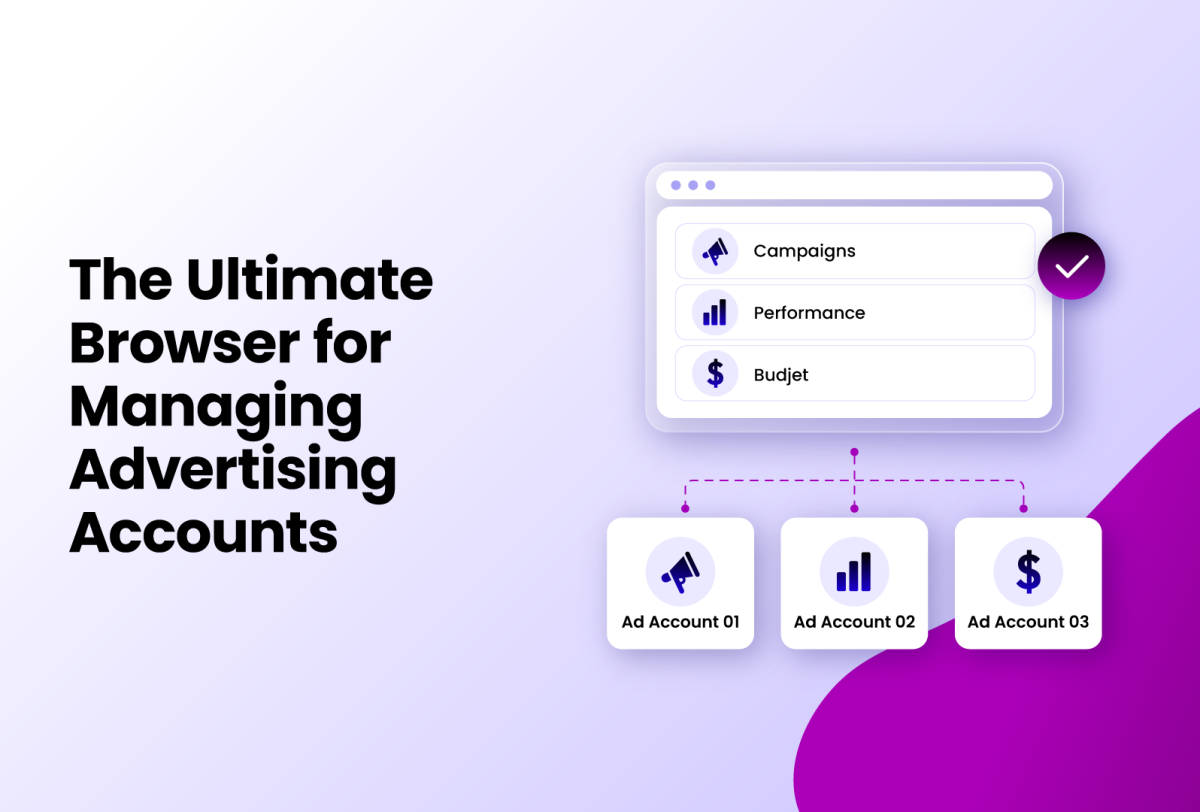 The Ultimate Browser for Managing Advertising Accounts, with a stylized interface showing Campaigns, Performance, and Budget options connected to three ad accounts.