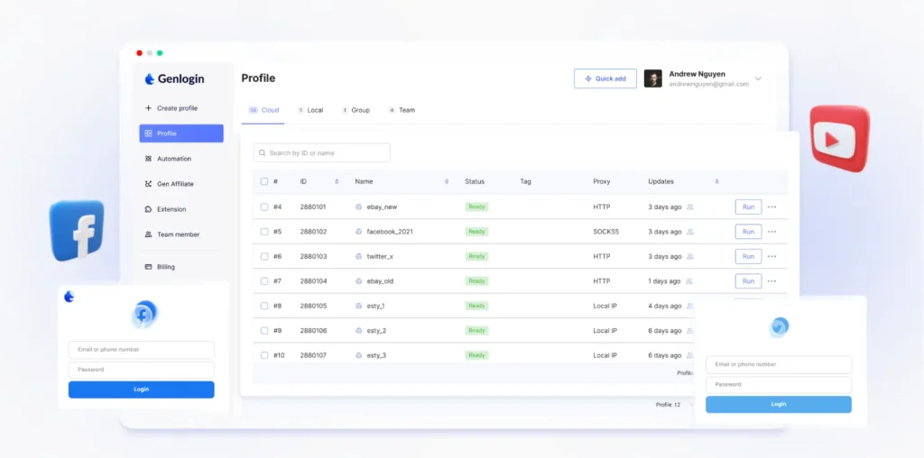 Genlogin application interface showing a list of browser profiles with their IDs, names, status, proxy type, and update times.
