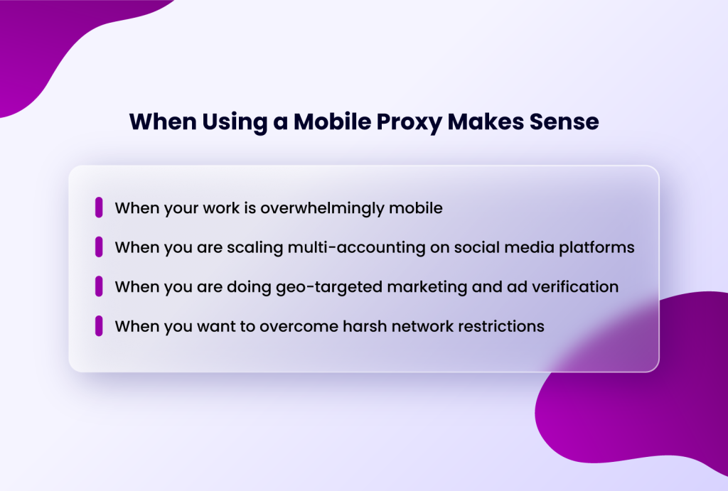 When Using a Mobile Proxy Makes Sense, with bullet points listing: When your work is overwhelmingly mobile, When you are scaling multi-accounting on social media platforms, When you are doing geo-targeted marketing and ad verification, and When you want to overcome harsh network restrictions.