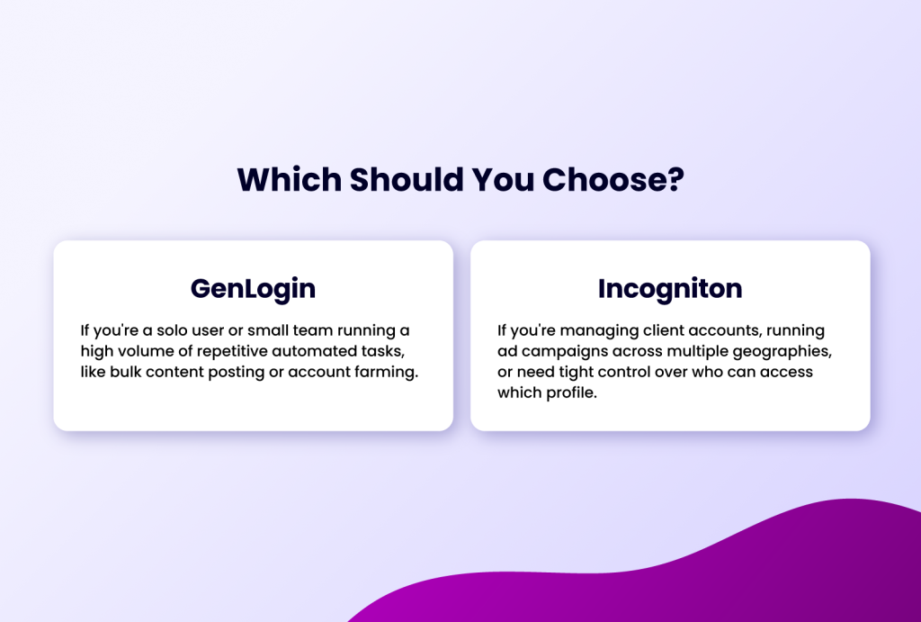 Which Should You Choose? GenLogin If you're a solo user or small team running a high volume of repetitive automated tasks, like bulk content posting or account farming. Incogniton If you're managing client accounts, running ad campaigns across multiple geographies, or need tight control over who can access which profile.