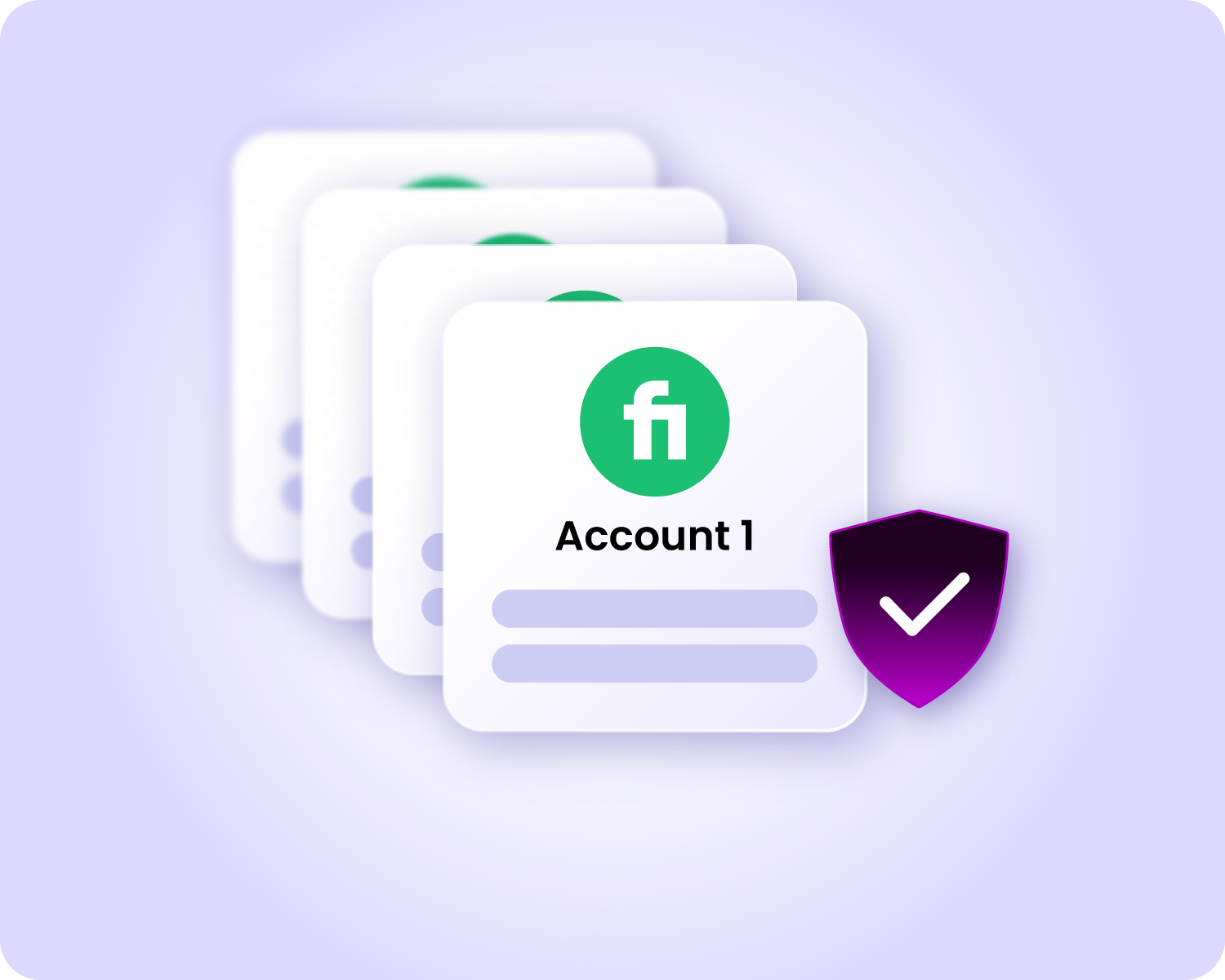 Incogniton application interface with multiple browser profile cards, one labeled "Account 1", and a purple shield icon with a white checkmark.