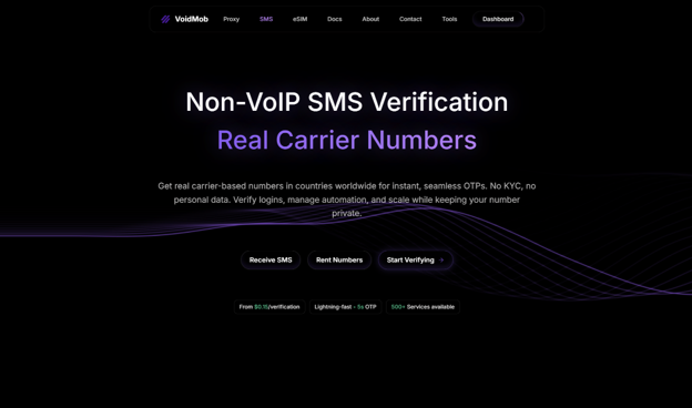 VoidMob website with Non-VoIP SMS Verification and Real Carrier Numbers headlines, and buttons for Receive SMS, Rent Numbers, and Start Verifying.