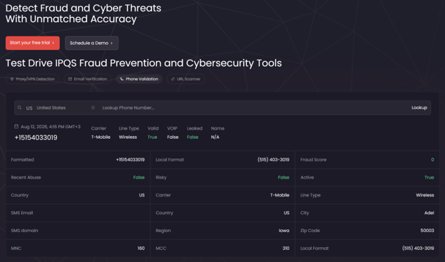 Web page displaying IPQS fraud prevention and cybersecurity tools, with a phone number lookup interface showing details for +15154033019, including carrier, line type, validity, and location information.