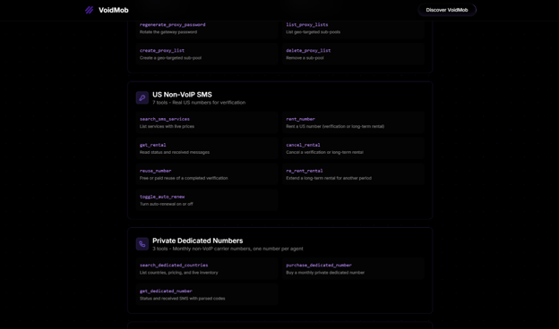 VoidMob application interface with sections for proxy management, US Non-VoIP SMS services, and Private Dedicated Numbers.