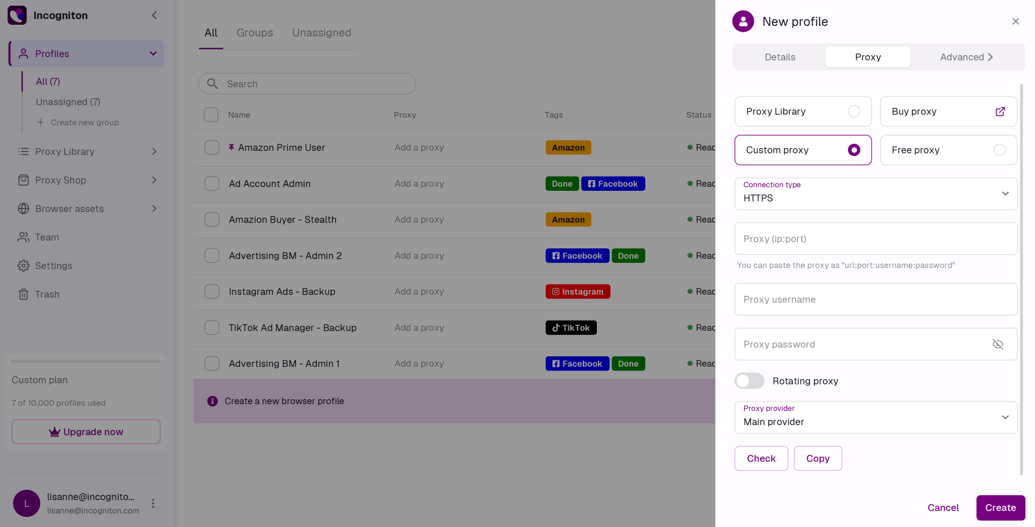 Incogniton application interface showing a list of browser profiles on the left and a "New profile" creation form on the right, with proxy settings selected.