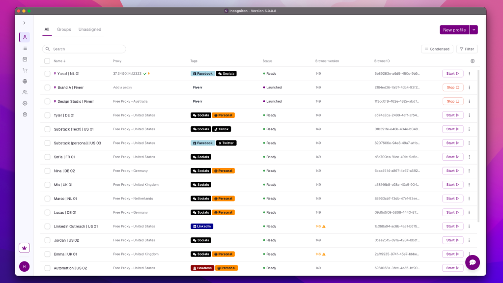 Incogniton application interface showing a list of browser profiles with names, proxies, tags, status, browser versions, and browser IDs.