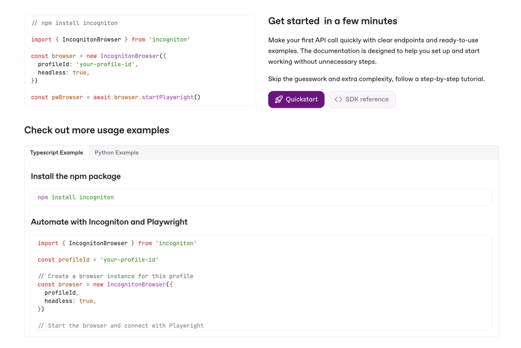 Code snippets showing how to install and use the Incogniton browser with Playwright, including import statements and browser instantiation.