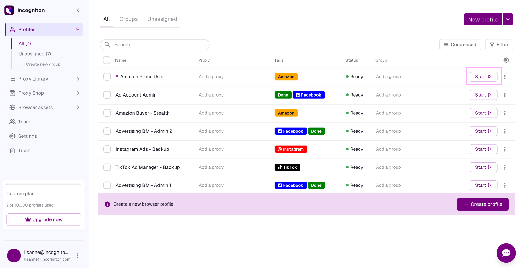 Incogniton application showing a list of browser profiles with their names, proxy status, tags, and a start button for each.