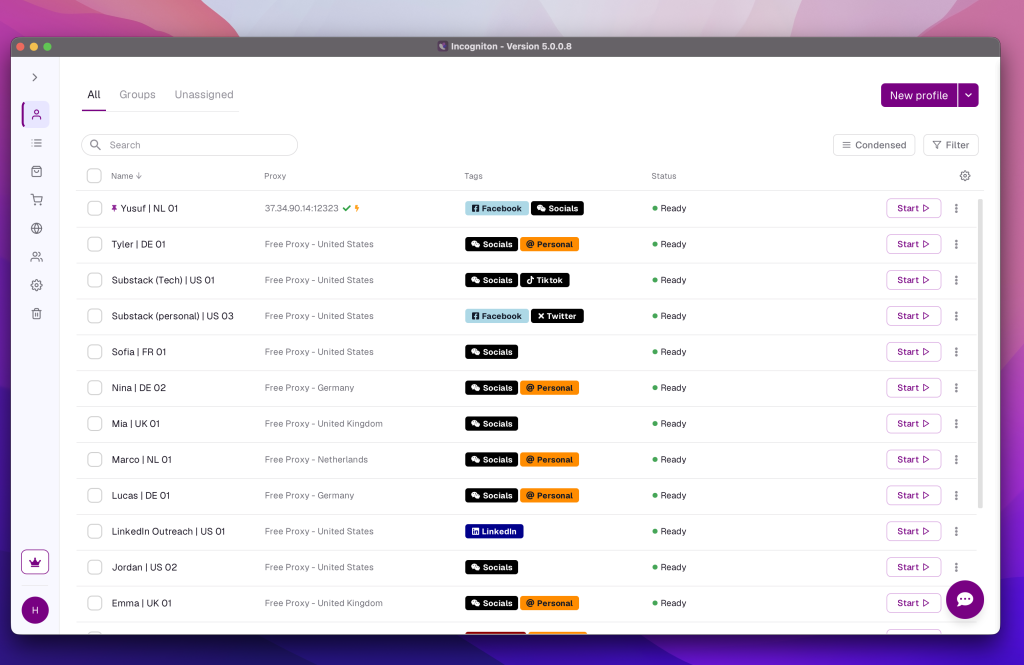 Incogniton application showing a list of browser profiles with names, proxies, tags, and status.