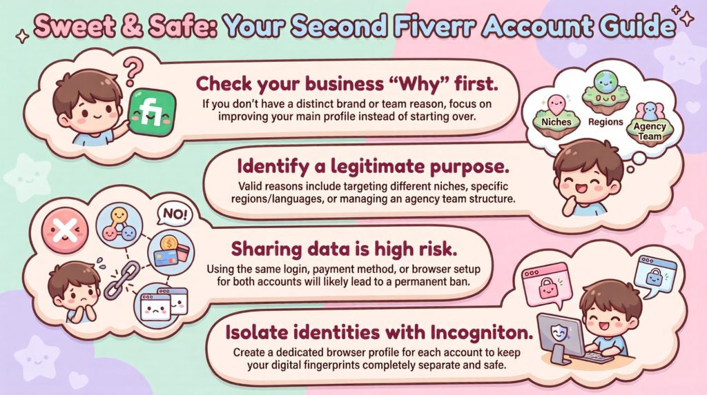 Sweet & Safe: Your Second Fiverr Account Guide with illustrations explaining how to check your business "Why", identify a legitimate purpose, the risks of sharing data, and how to isolate identities with Incogniton.