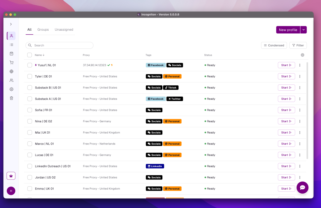 Incogniton application interface showing a list of browser profiles with names, proxies, tags, and status.