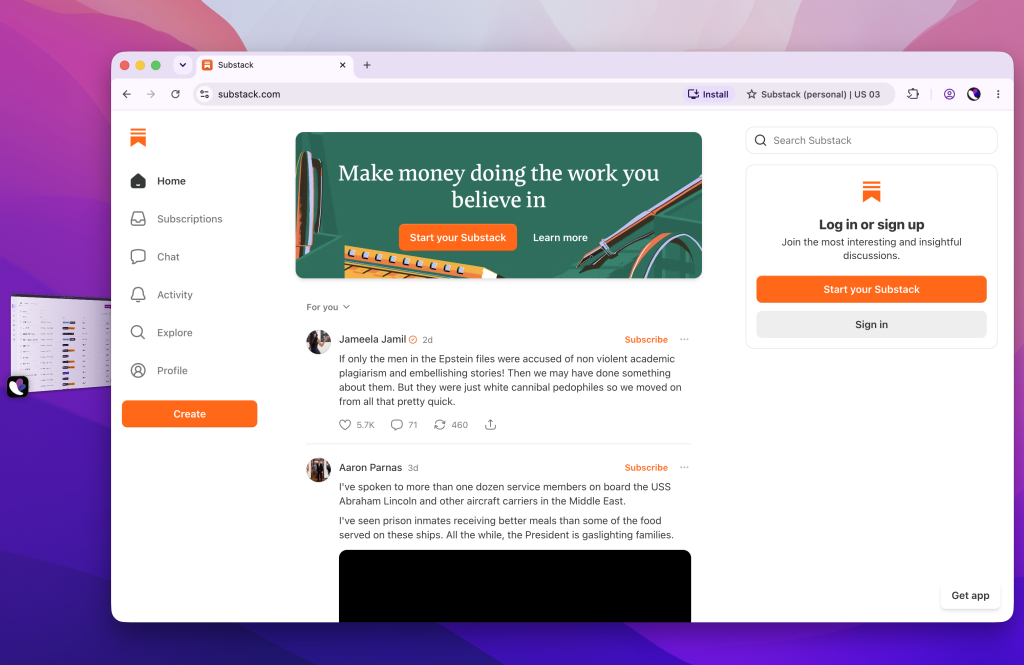 Substack website with a sidebar menu showing Home, Subscriptions, Chat, Activity, Explore, and Profile, and a main content area displaying articles and a login prompt.