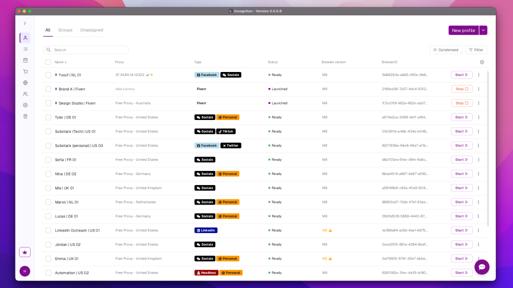 Incogniton application interface showing a list of browser profiles with names, proxies, tags, status, browser versions, and browser IDs.
