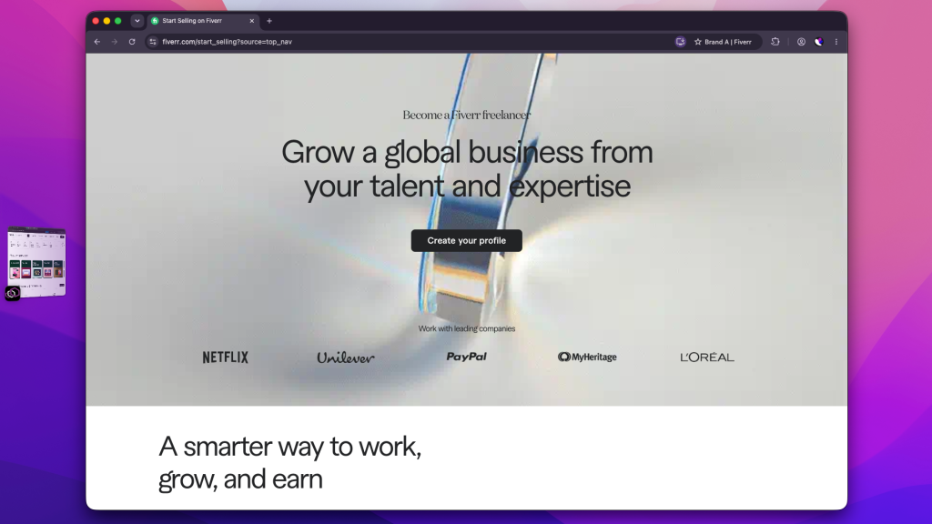Fiverr webpage with the title "Start Selling on Fiverr" and text "Grow a global business from your talent and expertise" with a "Create your profile" button. Below are logos of Netflix, Unilever, PayPal, MyHeritage, and L'Oréal.