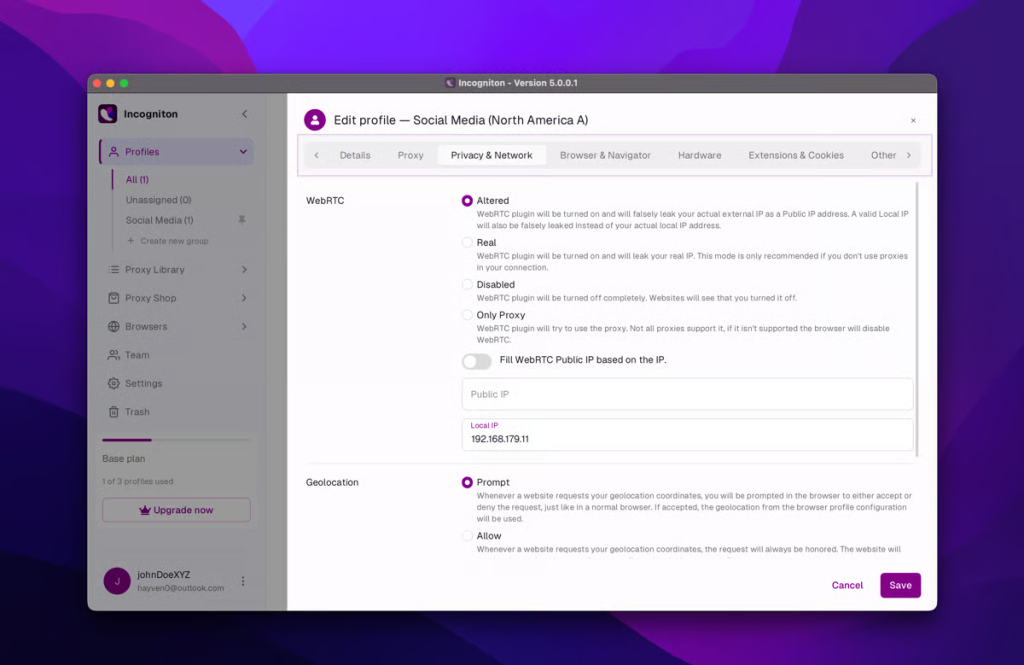 Incogniton application interface showing profile editing options for privacy and network settings, including WebRTC and geolocation configurations.