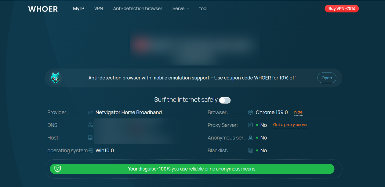 Interface do navegador anti-detecção do WHOER, mostrando provedor, DNS, host, sistema operacional, versão do navegador, status do servidor proxy e status do servidor anônimo.